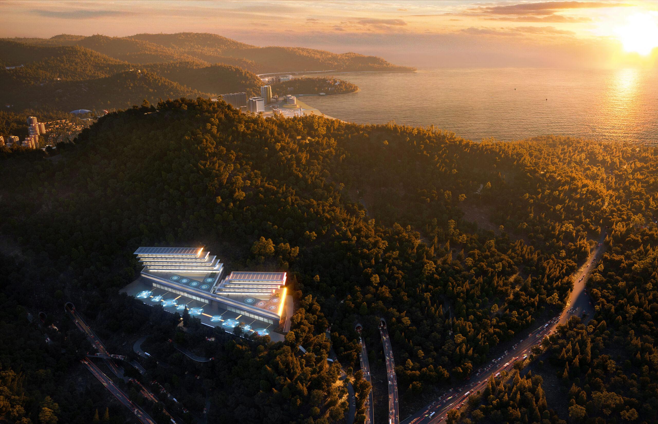 10026-QIU-CN-Yantian-DronePort-Transportation-Office-01_Render_Dusk Yantian Drone Port - Transportation, Office - Shenzhen - China - Visualisation - Dusk